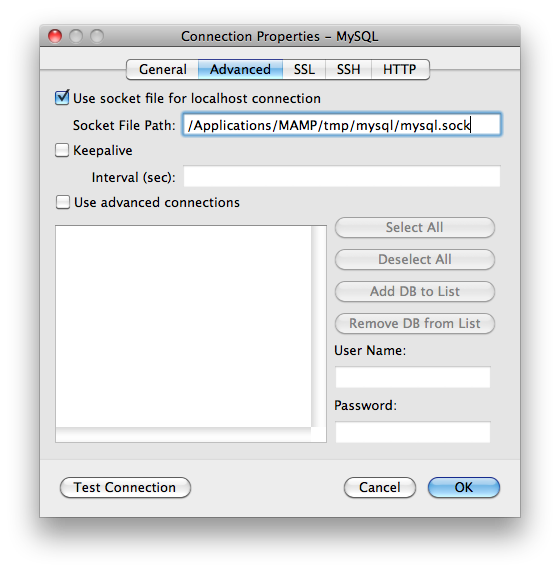 Navicat MAMP Socket Settings